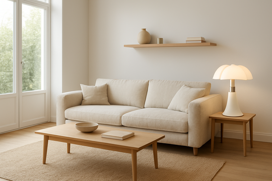 Lampadaire Martinelli Luce Pipistrello blanc en méthacrylate allumé près d'un canapé beige dans un salon scandinave lumineux