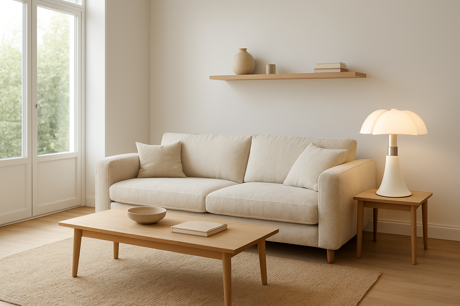 Lampadaire Martinelli Luce Pipistrello blanc en méthacrylate allumé près d'un canapé beige dans un salon scandinave lumineux