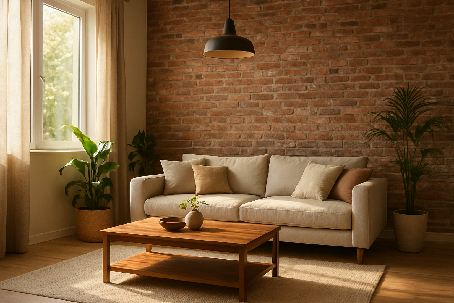 Mur d'accent en papier peint effet brique rouge dans un salon lumineux avec canapé gris et table basse en bois, style industriel.