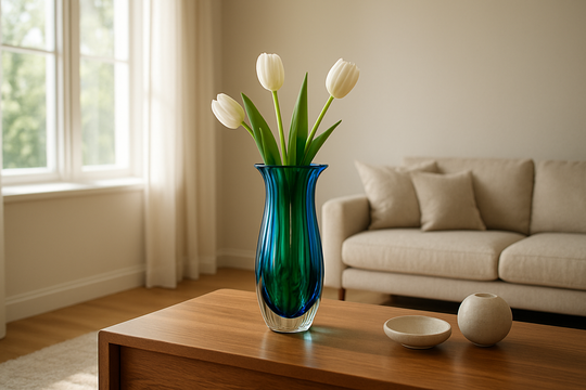 Vase en Murano sommerso bleu et vert posé sur une console en bois, avec des tulipes blanches, dans un salon lumineux au style moderne.