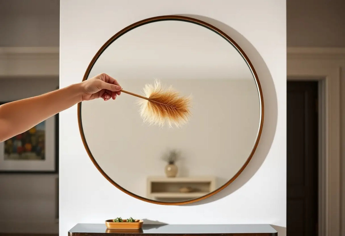 Une main tenant un balai à plumes nettoie doucement la surface d'un grand miroir circulaire posé au-dessus d'une console dans l'entrée, mettant en valeur les lignes épurées