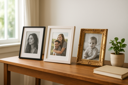 Cadres photos de différents styles (noir, blanc, doré) posés sur une console en bois dans un salon lumineux, avec une plante verte et un livre.