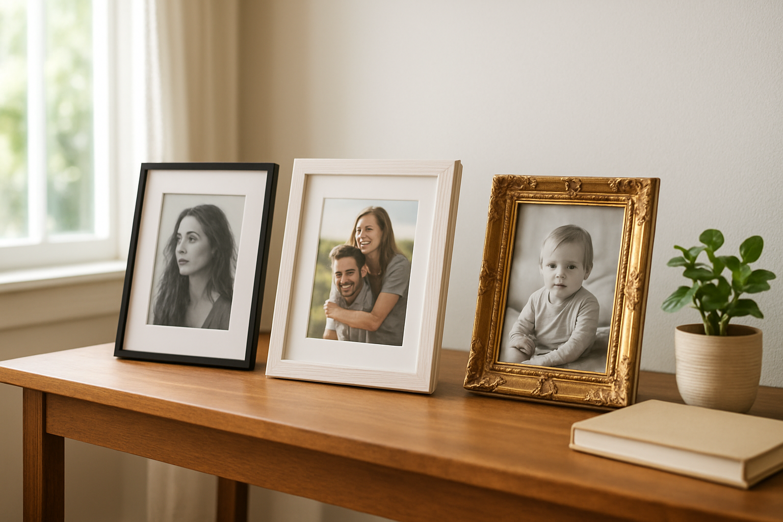Cadres photos de différents styles (noir, blanc, doré) posés sur une console en bois dans un salon lumineux, avec une plante verte et un livre.