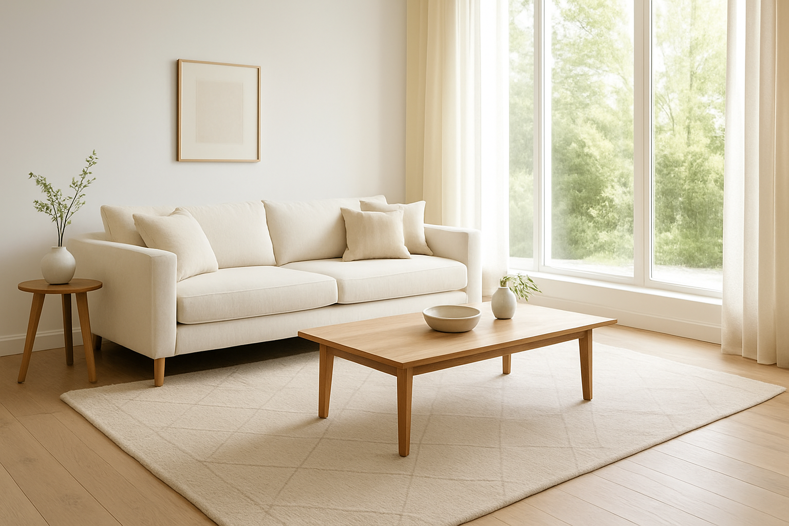 Grand tapis de salon beige en laine sous un canapé moderne, avec une table basse en bois et une lumière naturelle traversant les fenêtres