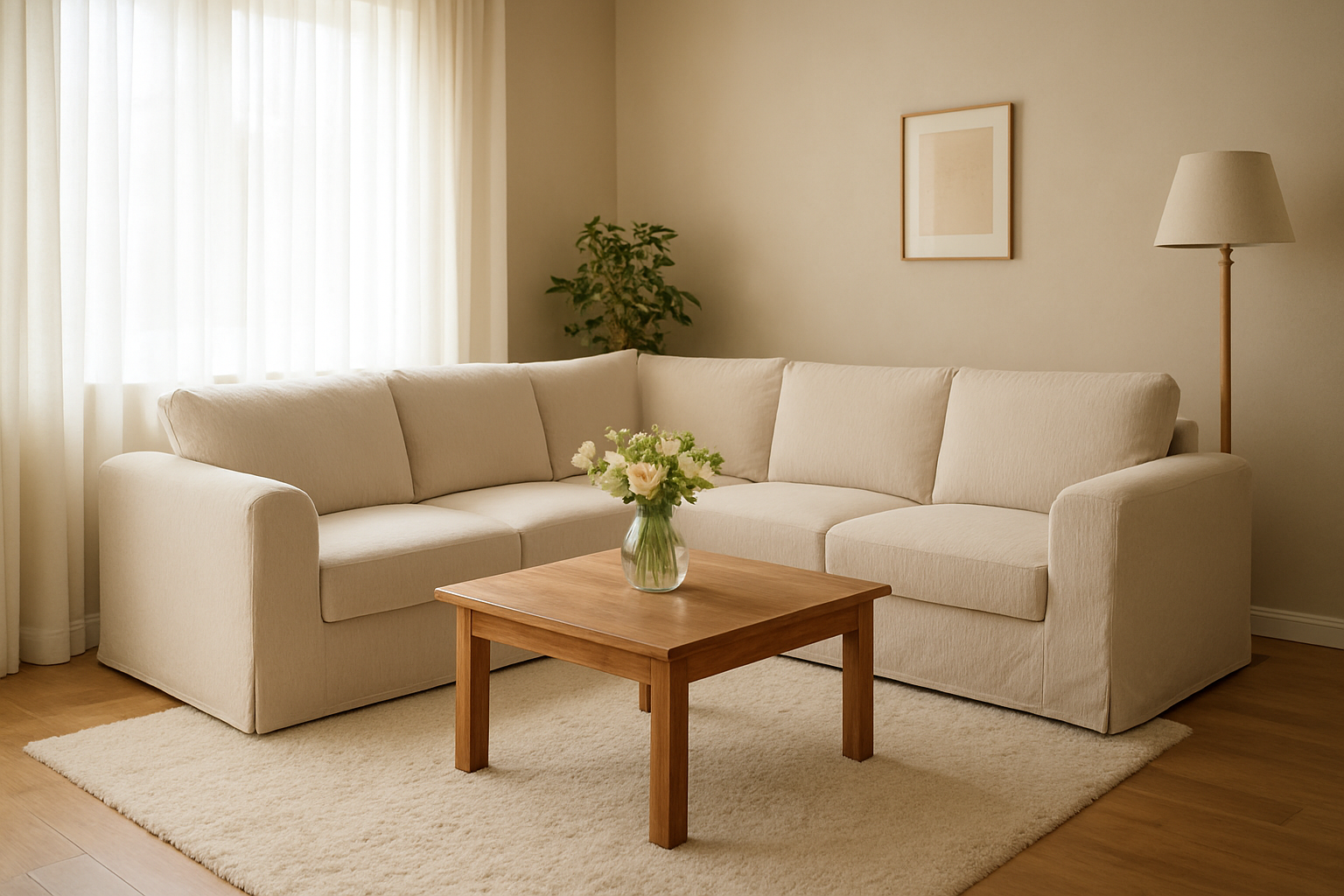 Salon lumineux avec un canapé d'angle beige recouvert d'une housse de canapé extensible ajustée, sans plis, sur un tapis moelleux, avec des rideaux légers et une table basse en bois.