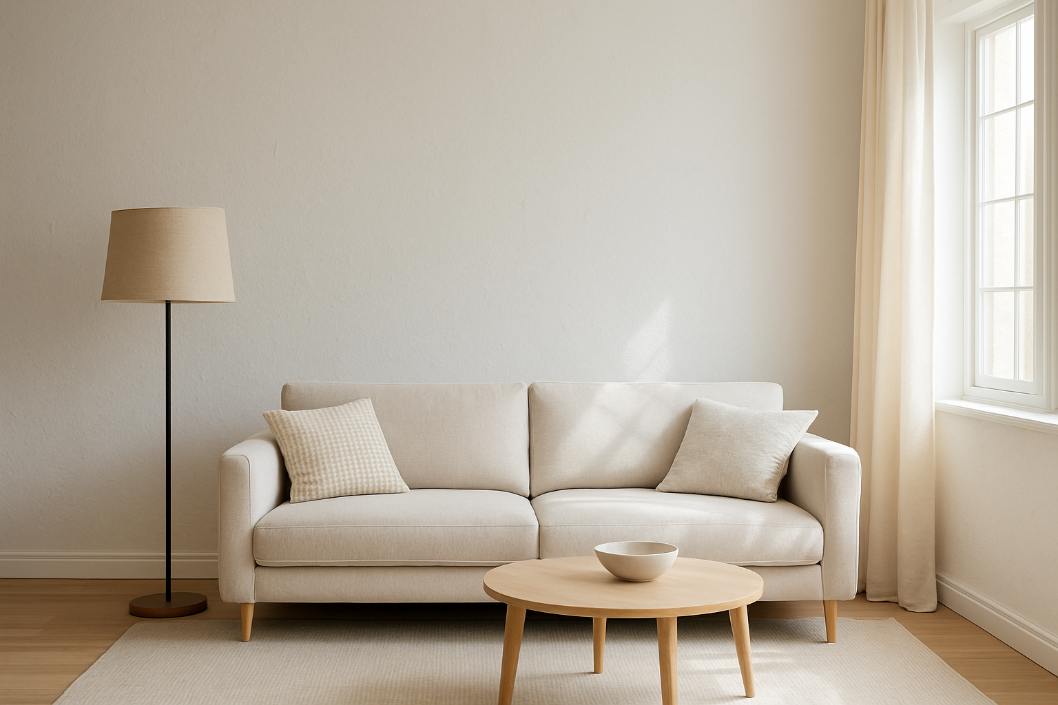 Mur fraîchement peint sur du papier peint, texture légèrement visible, salon lumineux avec lampe sur pied et rideaux, style déco intérieur