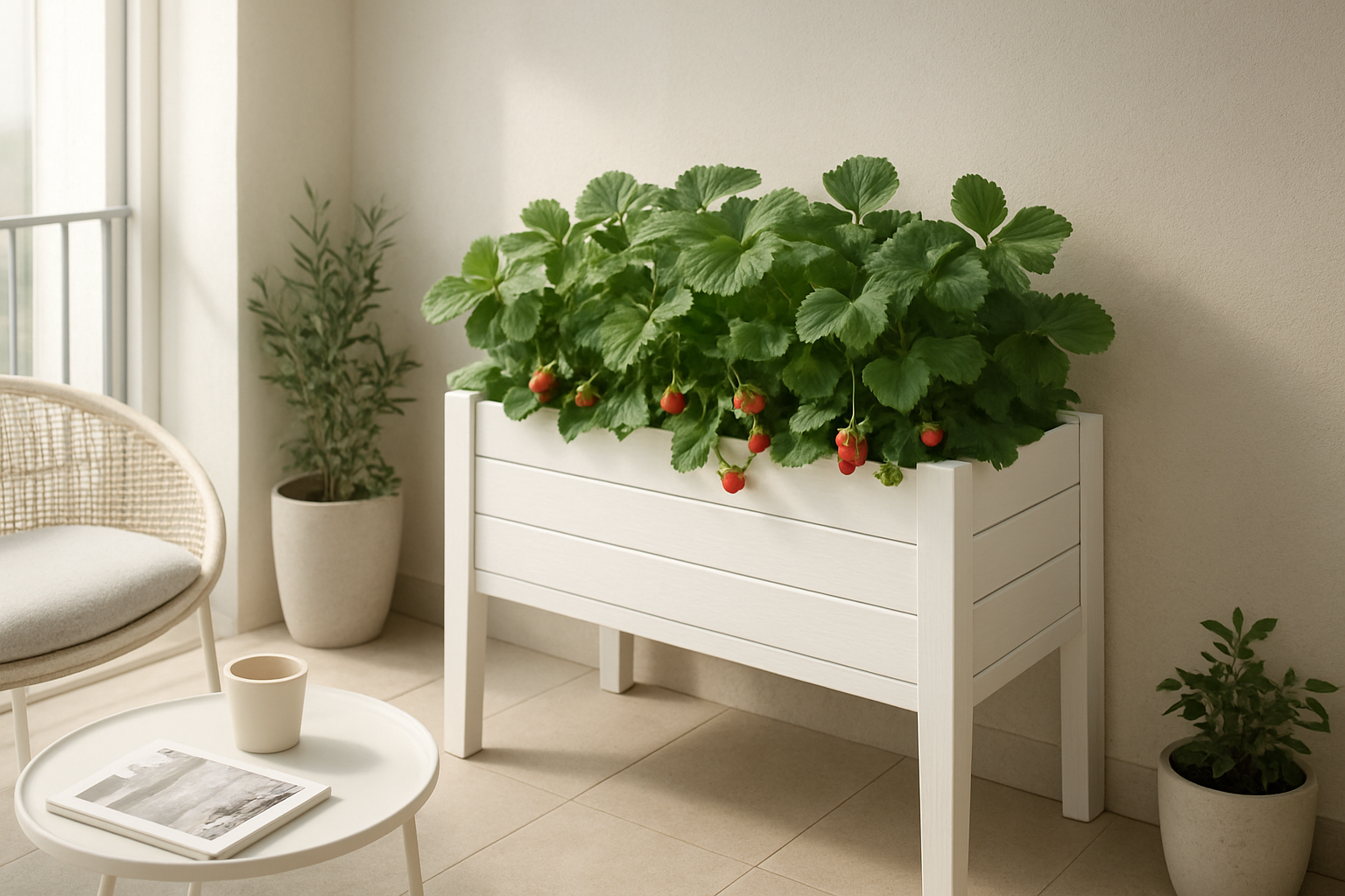 Jardinière blanche en bois sur un balcon ensoleillé avec des plants de fraisiers aux feuilles vertes et fraises rouges, décoration intérieure minimaliste.
