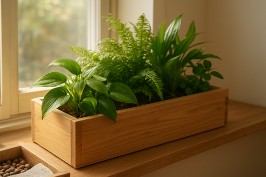 Jardinière en bois avec plantes vertes sur un rebord de fenêtre, montrant les couches de drainage au fond : billes d'argile et géotextile.