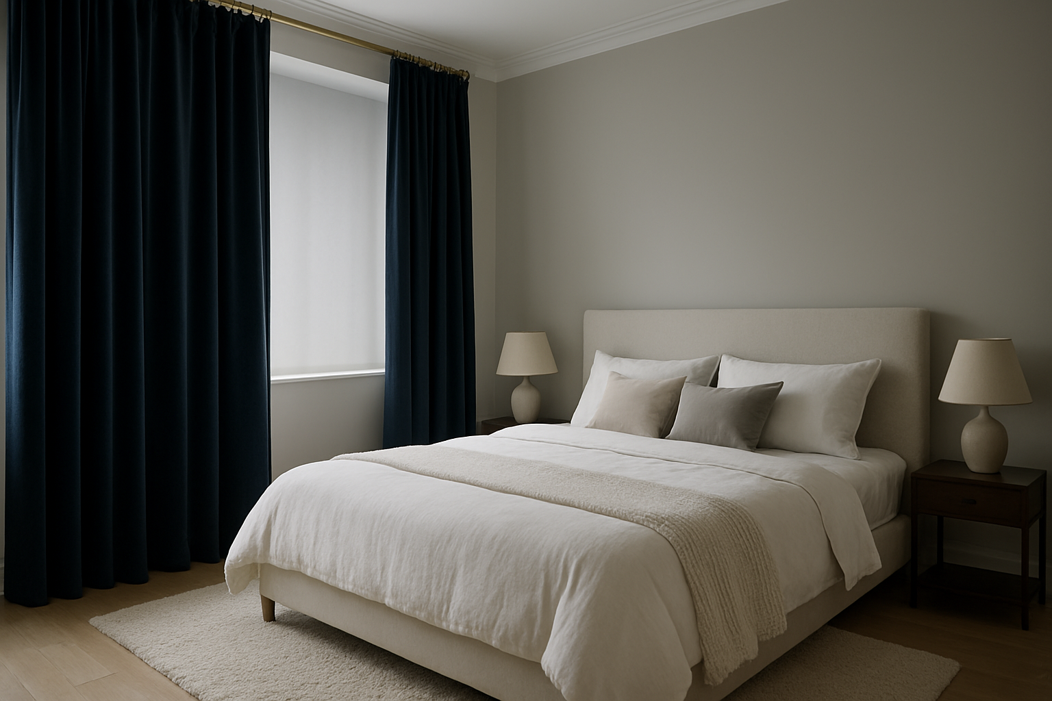 Rideaux occultants en velours bleu nuit dans une chambre à coucher au style élégant, bloquant la lumière du jour