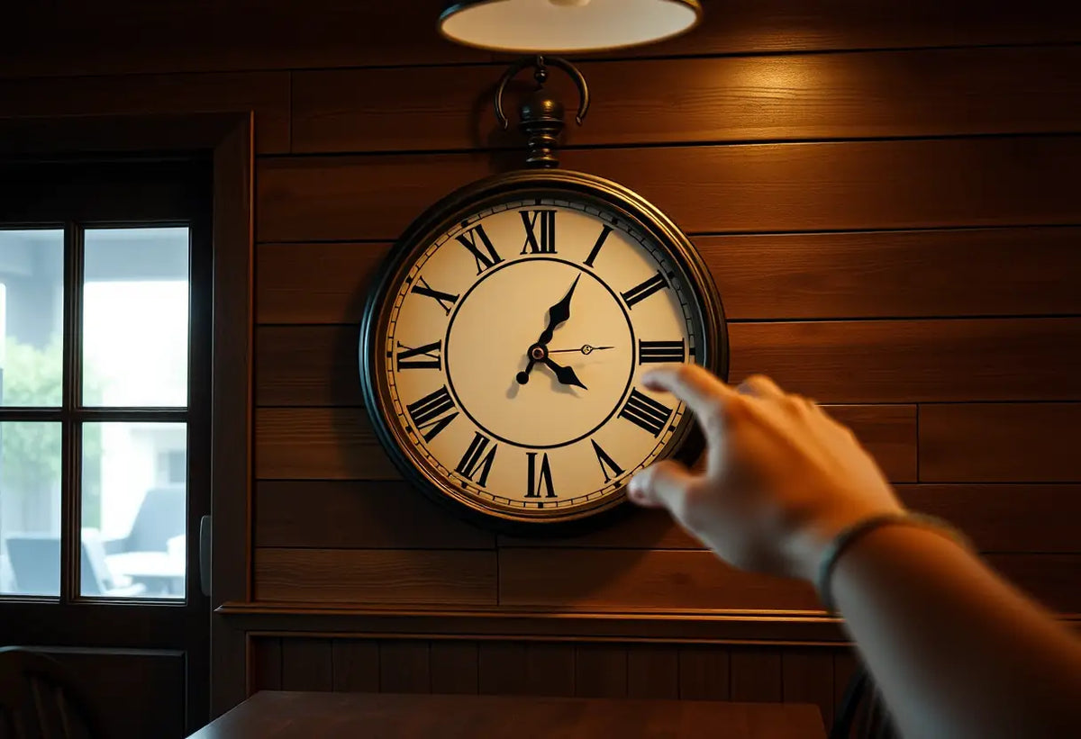 Horloge vintage avec chiffres romains sur un mur rustique dans une salle à manger