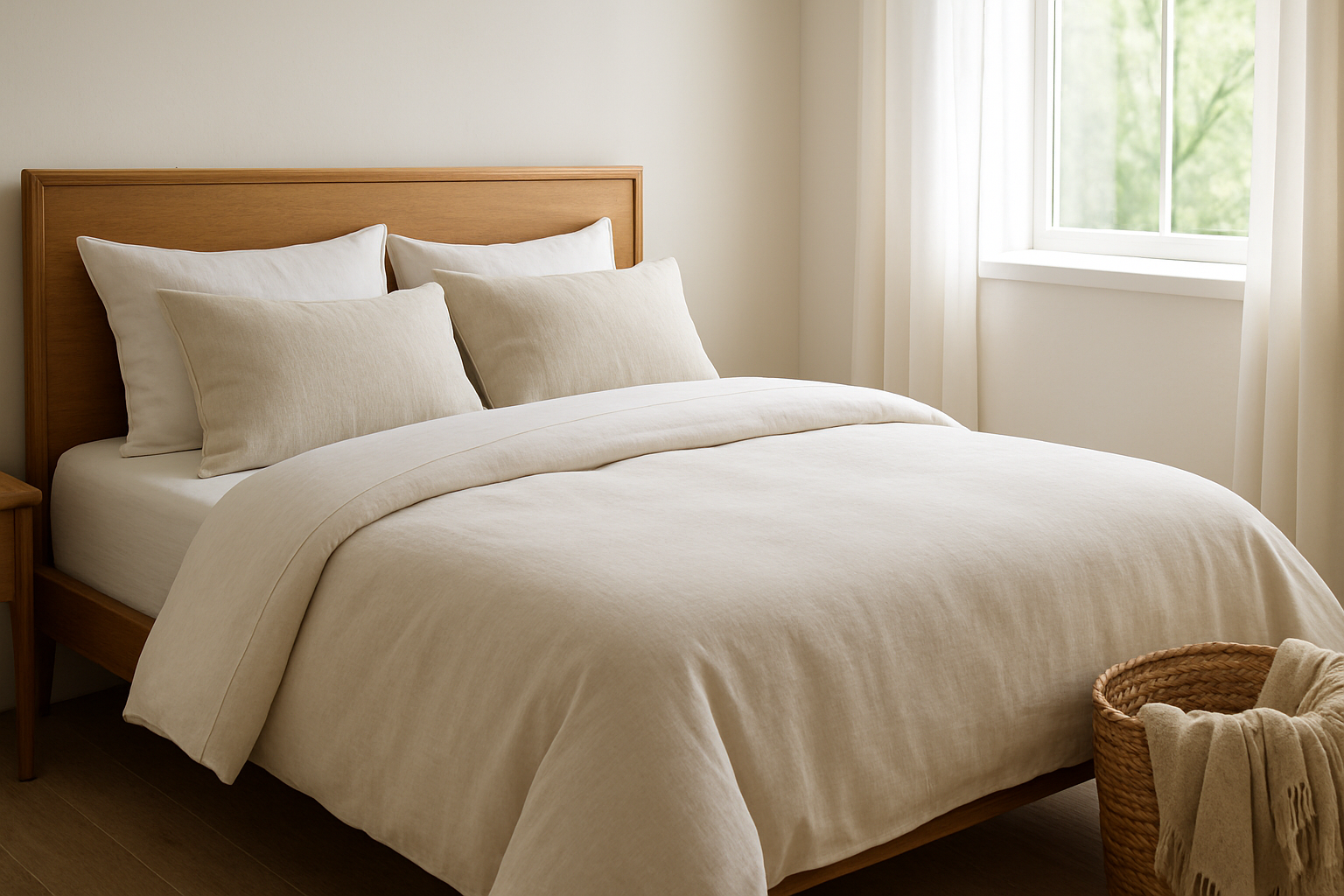 Lit fait avec un drap housse en coton percale blanc, lumière naturelle, chambre décorée style magazine, ambiance cosy et élégante.