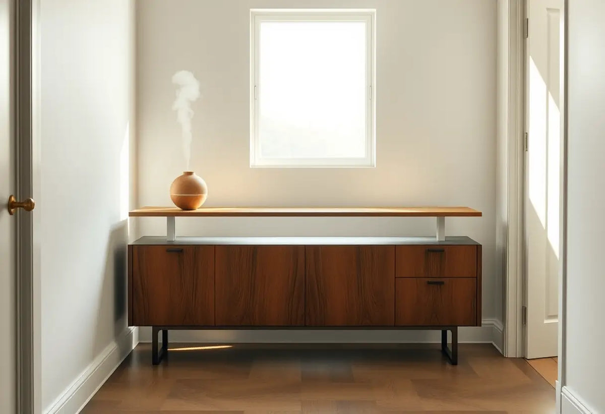 Un meuble moderne dans un couloir contemporain diffuse une fragrance douce