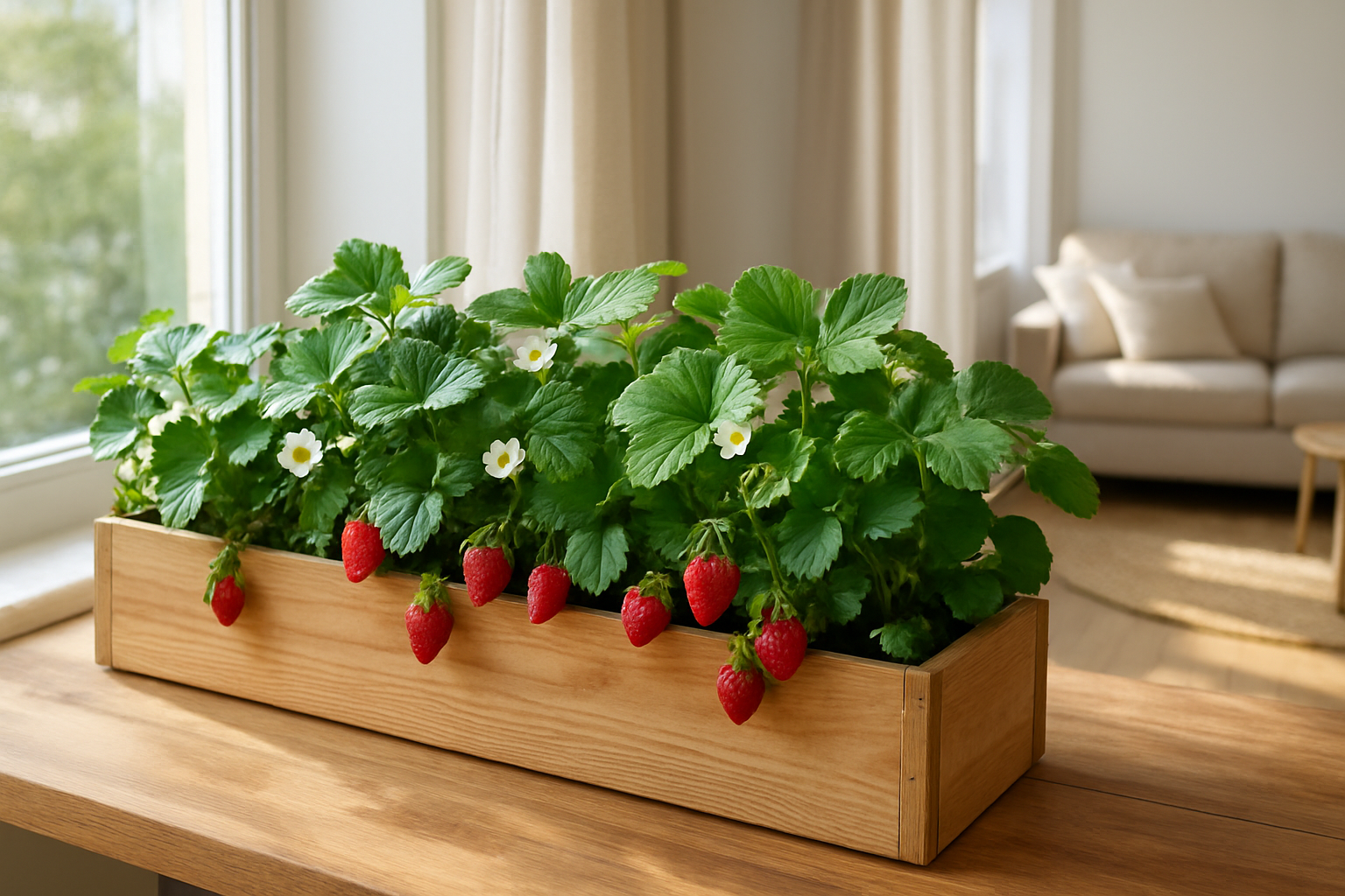 Jardinière en bois remplie de plants de fraisiers avec fruits rouges et fleurs blanches, posée sur une table de balcon lumineuse, décoration intérieure cosy.