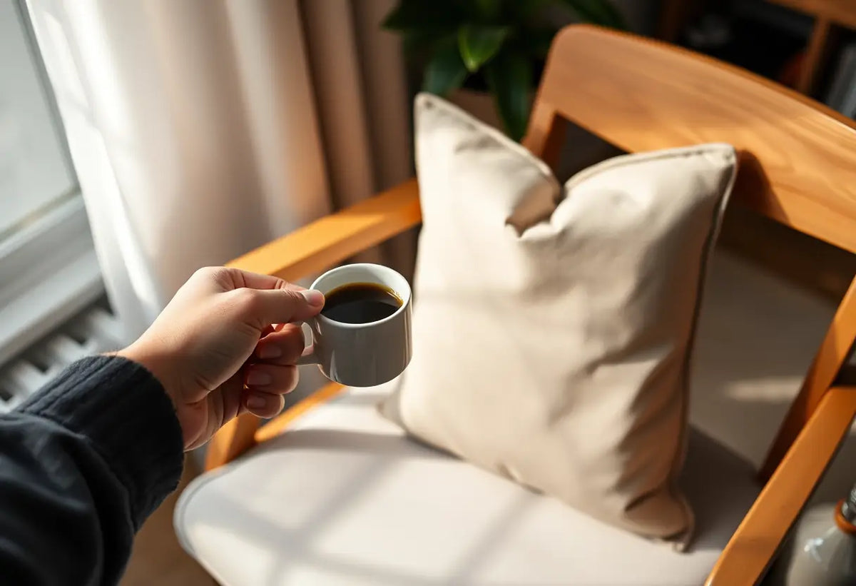 Une main saisit une tasse de café près d'un coussin rectangulaire dans un bureau accueillant