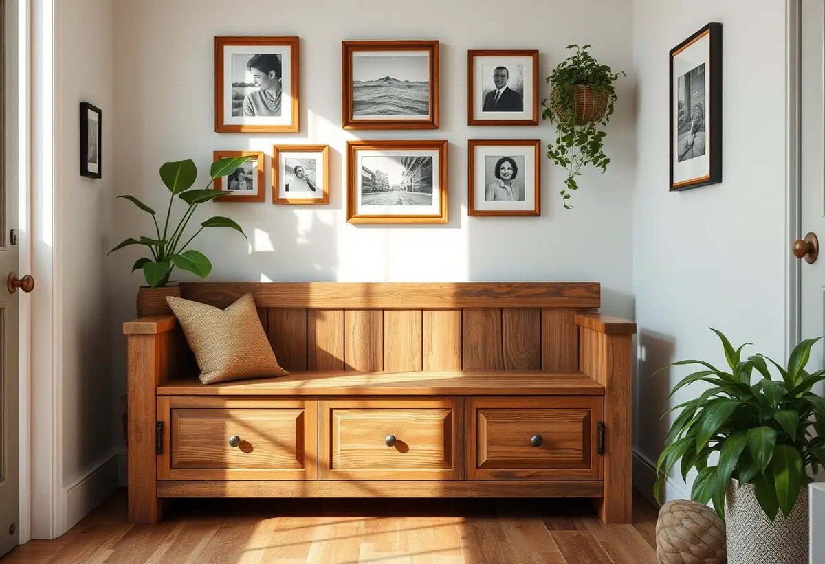 Banc avec rangement intégré dans l'entrée d'un studio