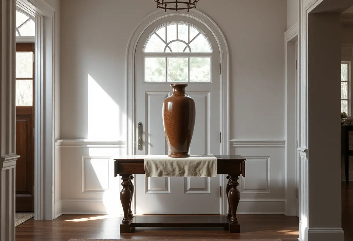 Un vase sur une console solide dans l'entrée, éclairé naturellement.