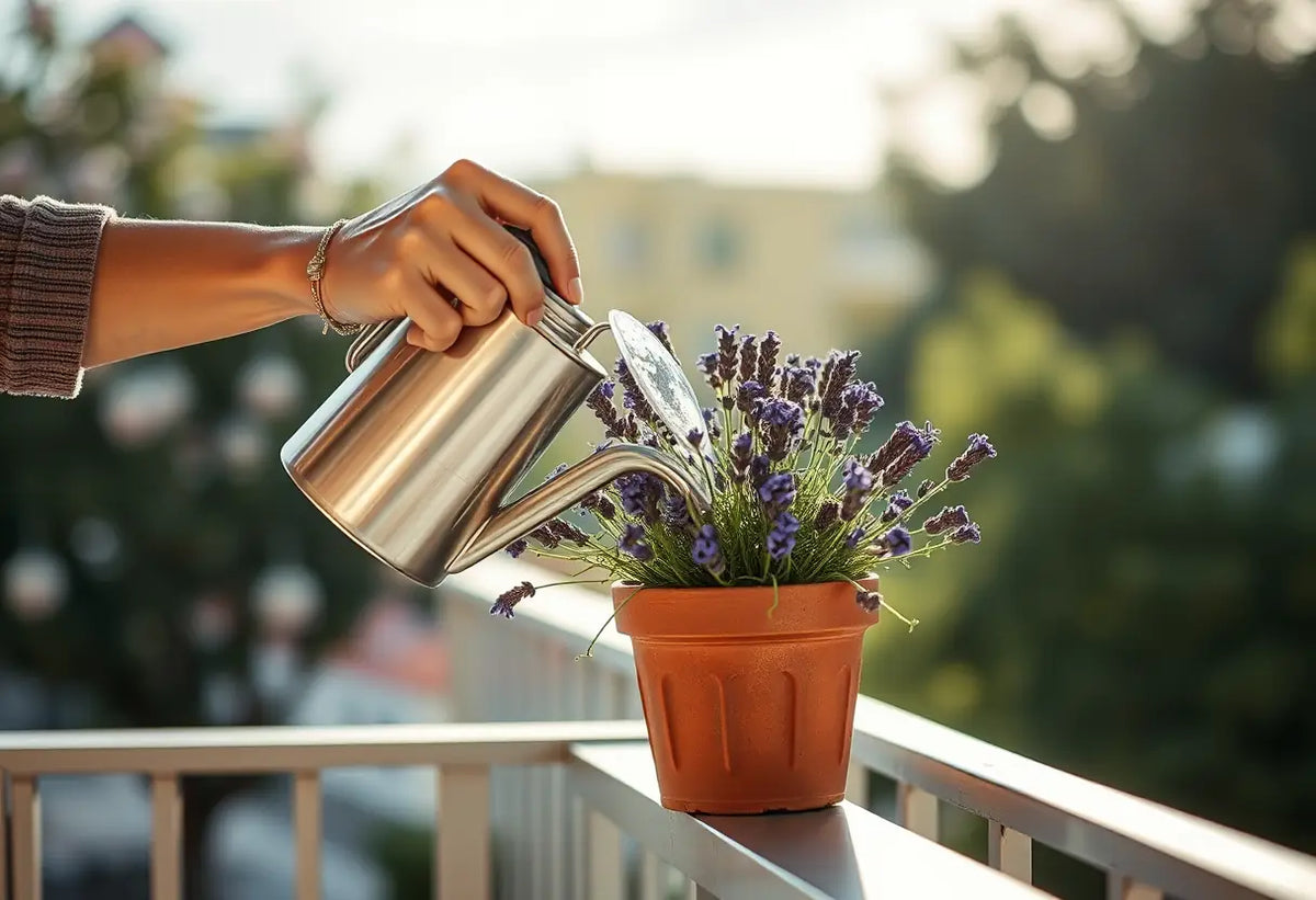 Mainate lavande arrosée sur un balcon, lumière naturelle