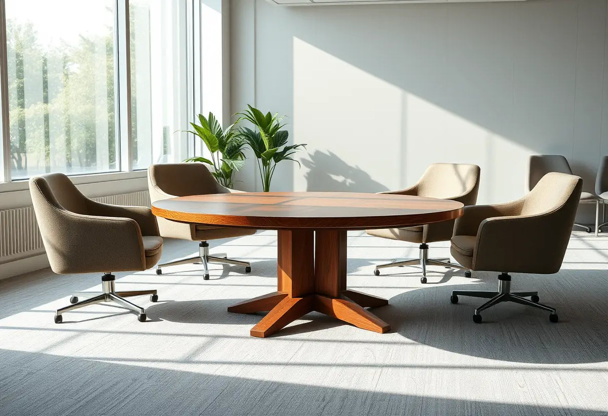 Un bureau moderne avec une table basse ronde en bois