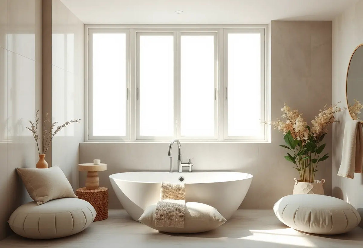 Un bain scandinave apaisant avec des coussins doux et arrondis