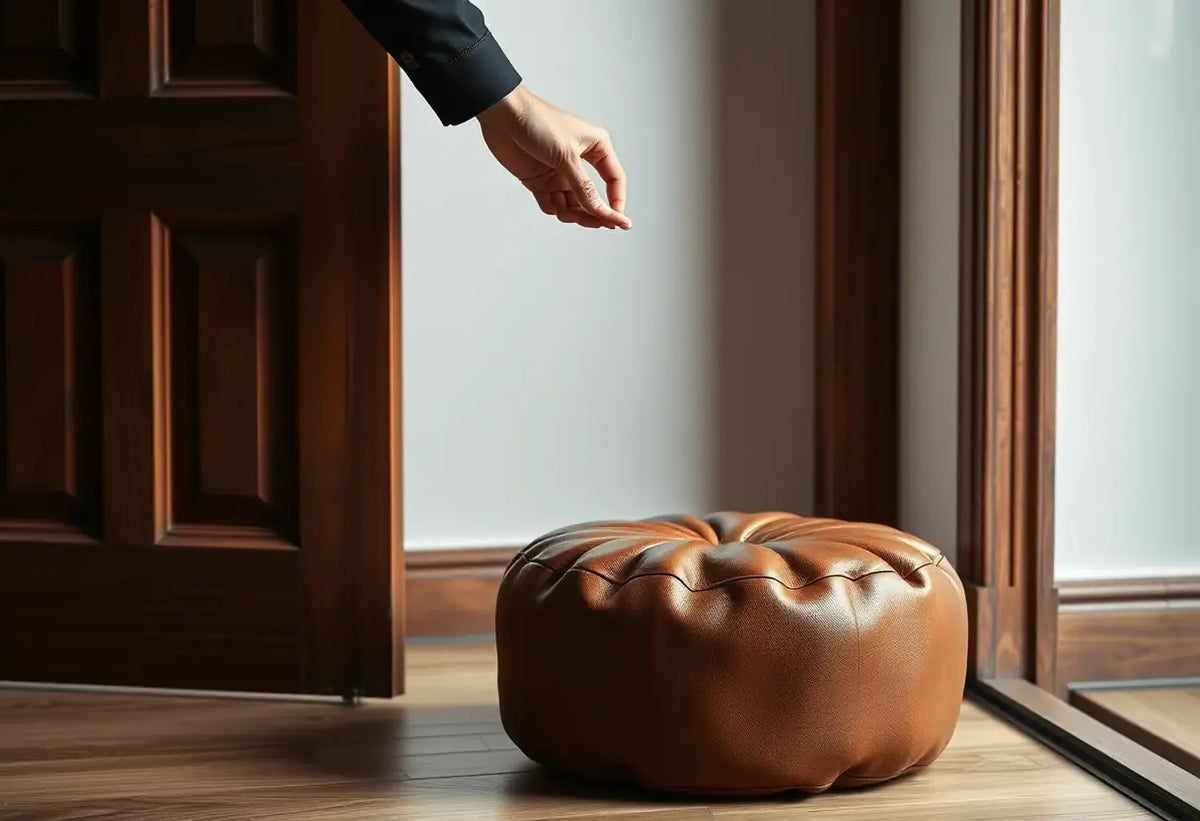 Une main ajuste un petit pouf en cuir patiné près d'un chambranle de porte