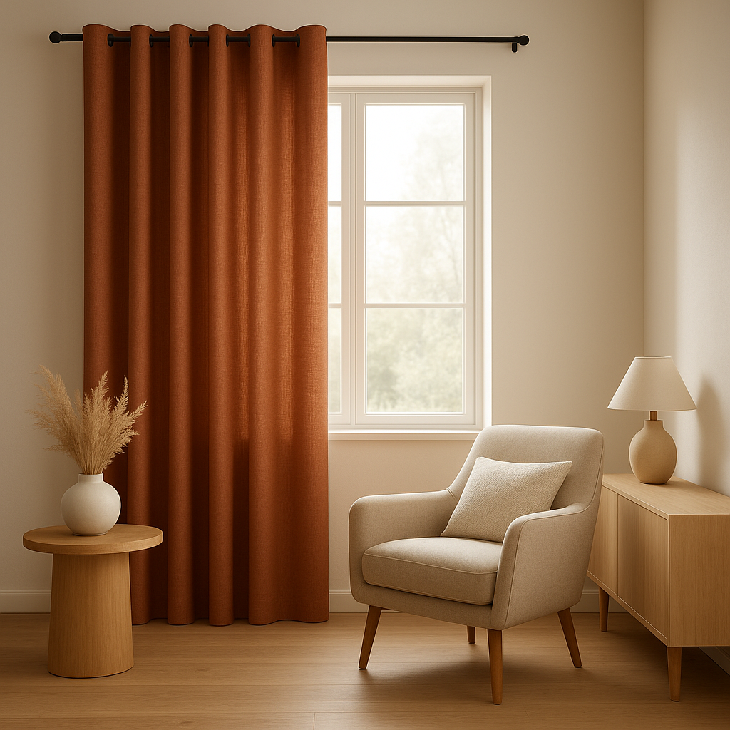 Rideau terra cotta en lin naturel pour une décoration d'intérieur chaleureuse et apaisante.