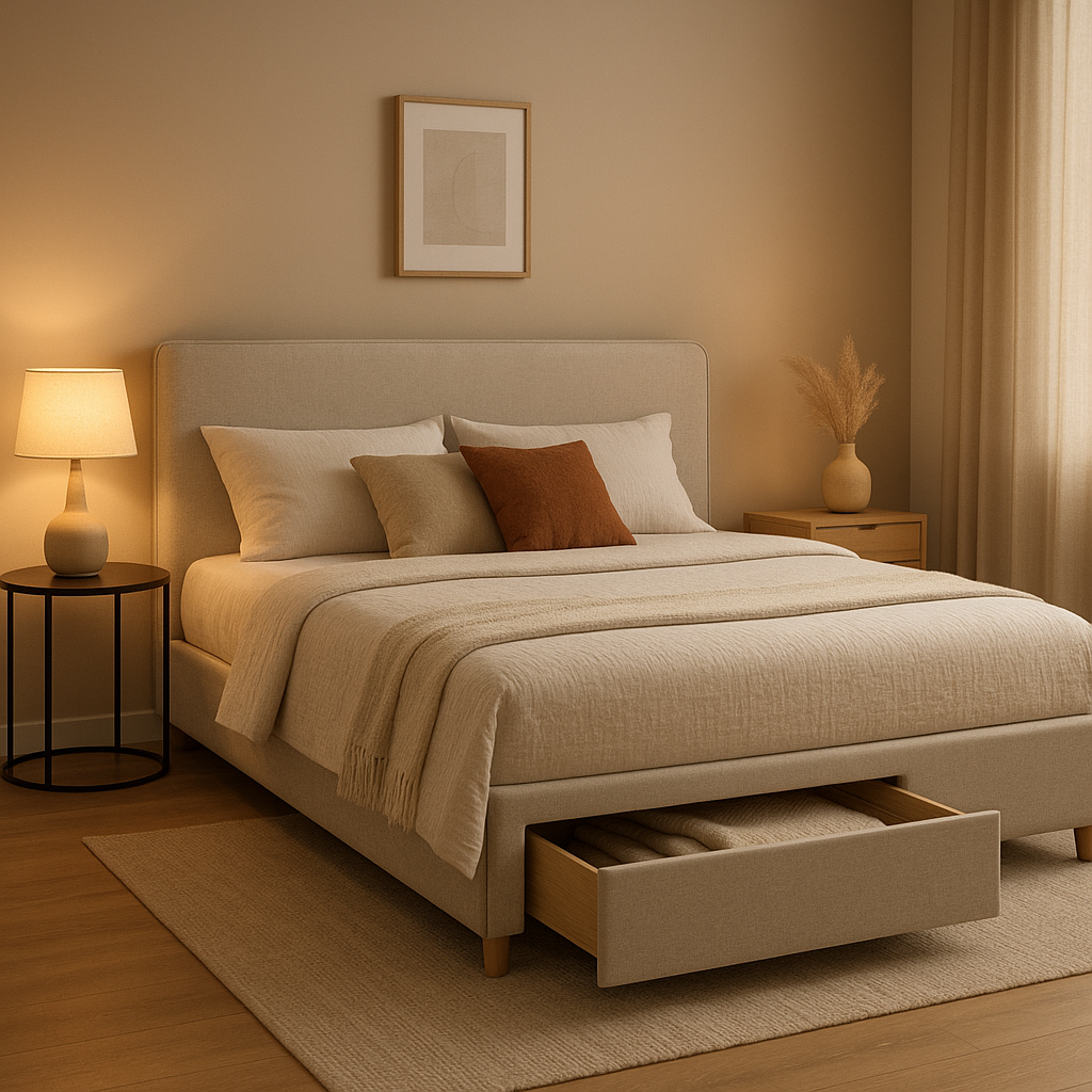 Tête de lit avec rangement 160 cm en tissu, design moderne et fonctionnel pour chambre.