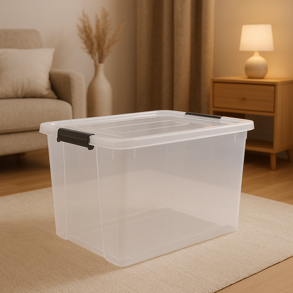 Grande boîte de rangement en plastique de 200 litres, idéale pour optimiser l'espace de votre maison.