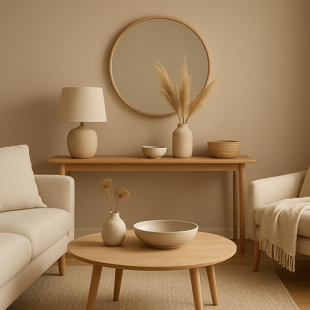 Décoration d'entrée élégante avec miroir, console et accessoires pour un hall d'accueil chaleureux