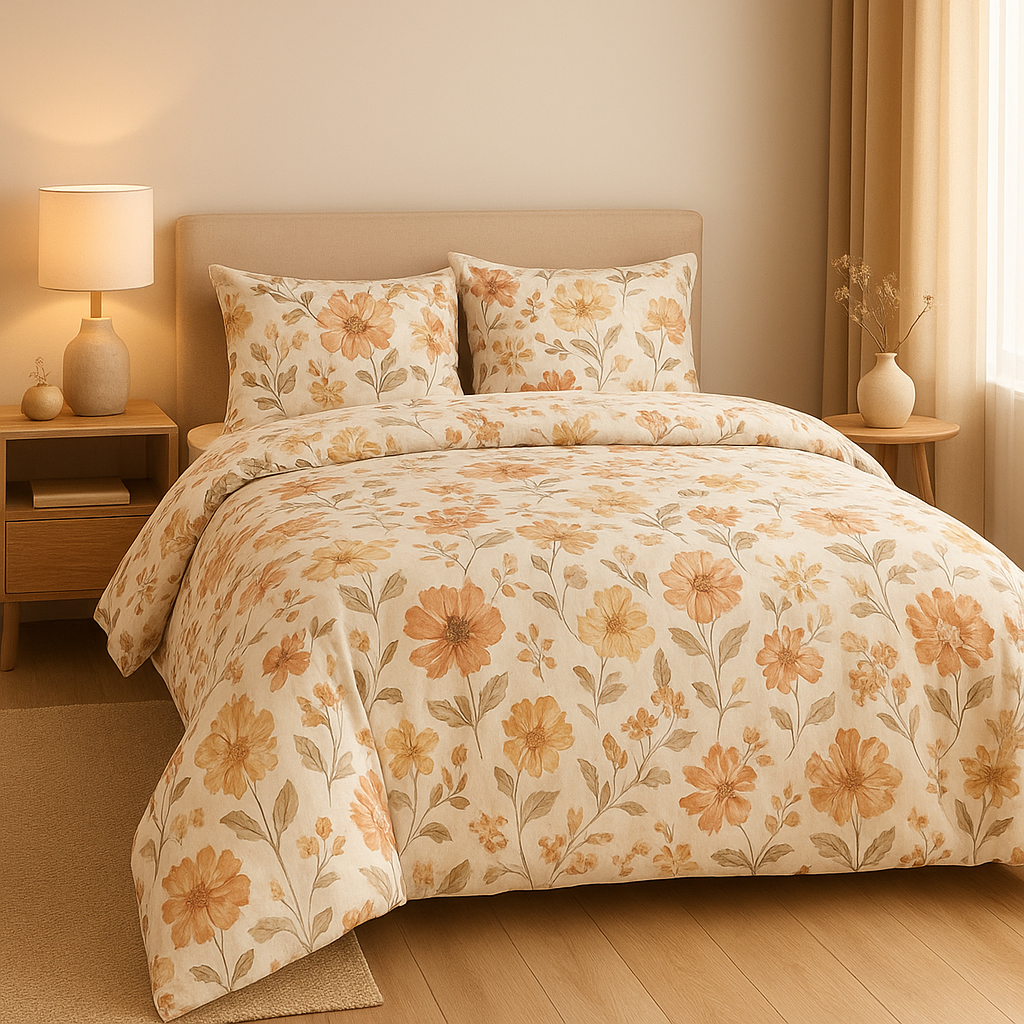 Housse de couette fleurie en coton, imprimé botanique élégant pour une chambre raffinée.