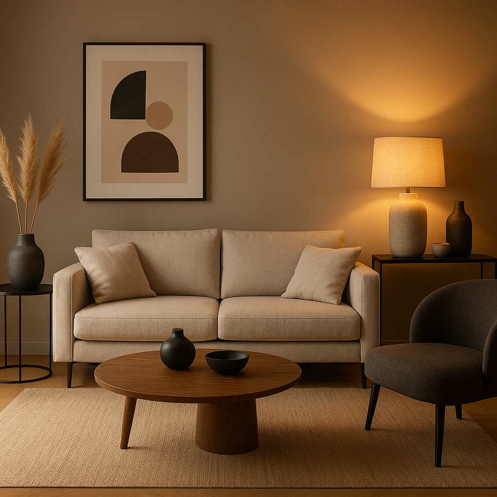 Décoration chambre homme moderne avec lampes, tableaux et mobilier design