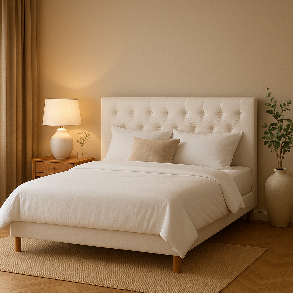 Tête de lit blanche design en tissu pour une chambre à coucher élégante et apaisante