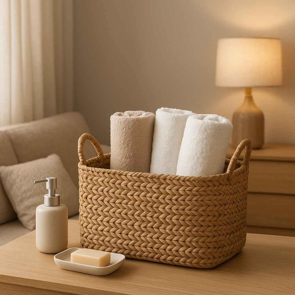 Panier de rangement en osier pour salle de bain, idéal pour organiser serviettes et produits.