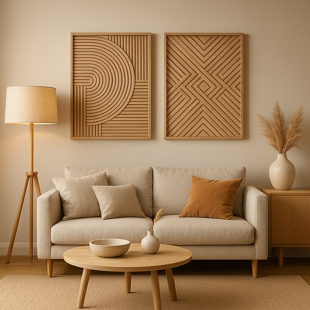 Décoration murale en bois pour salon, design naturel et épuré pour une ambiance chaleureuse