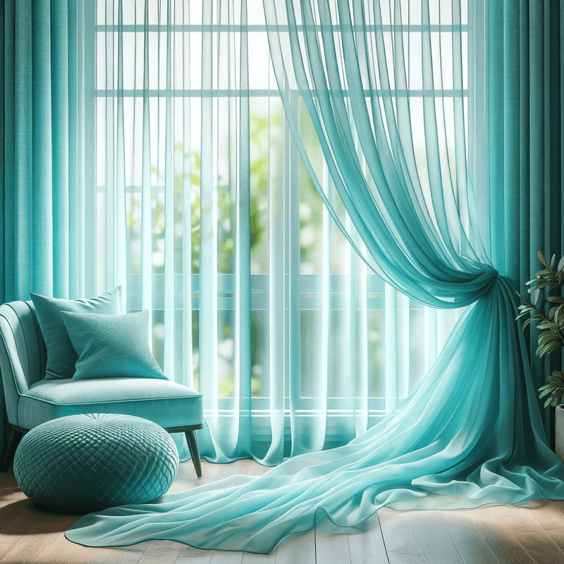 Léger voilage turquoise, délicatement transparent, apportant une touche de fraîcheur et de luminosité à votre intérieur.