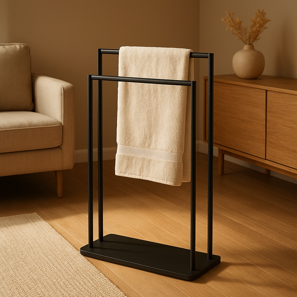 Portant serviette mural en bambou pour salle de bain, design épuré et rangement pratique.