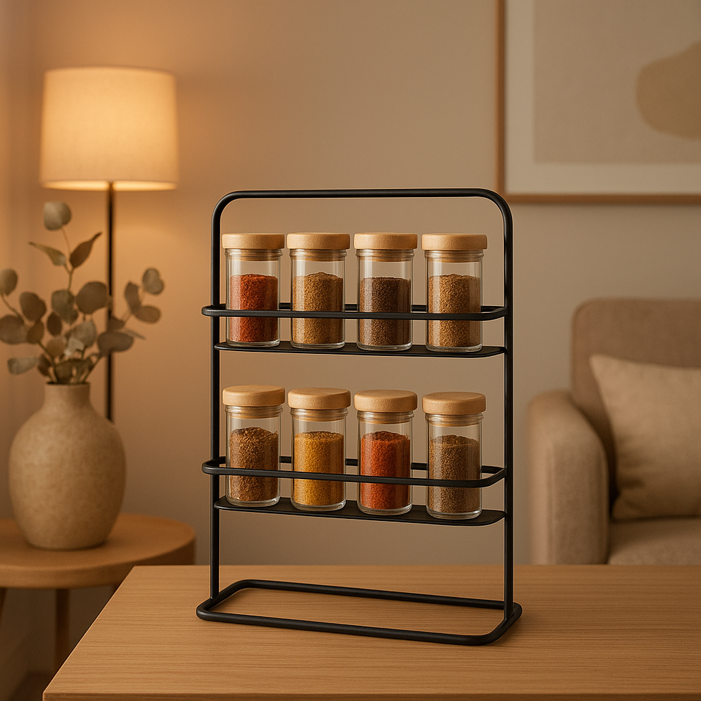 Étagère à épices murale en métal noir pour une cuisine organisée et moderne