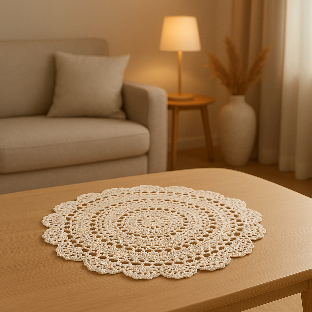 Napperon crocheté main, motif floral délicat pour décoration de table élégante.