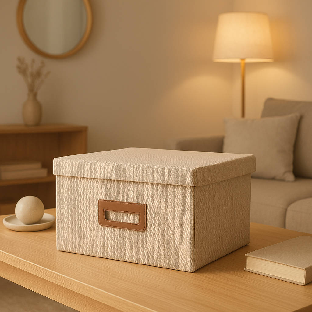 Boîte de rangement bureau en tissu pour organiser vos fournitures de bureau et accessoires.