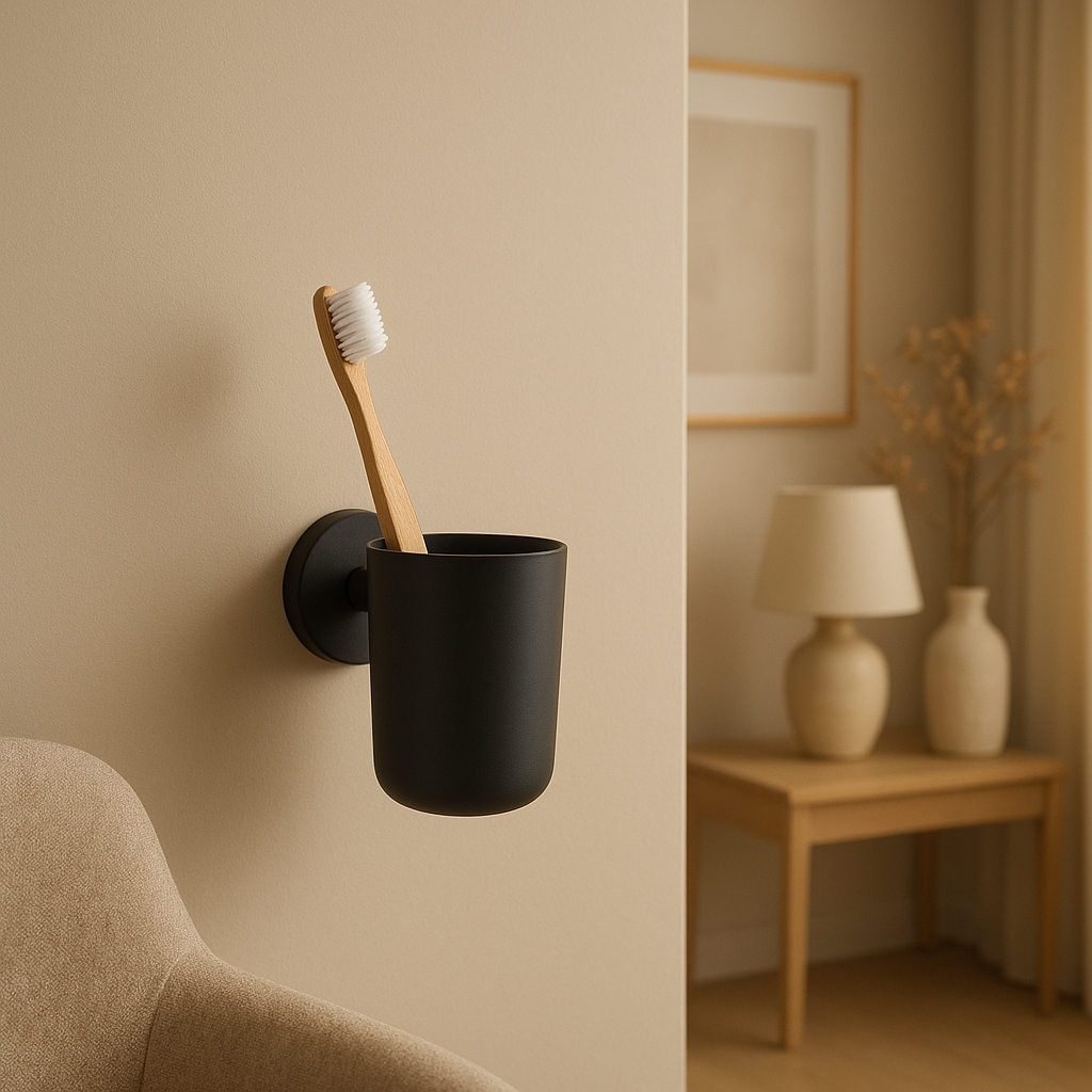 Porte brosse à dents mural design pour salle de bain, gain de place et rangement élégant.