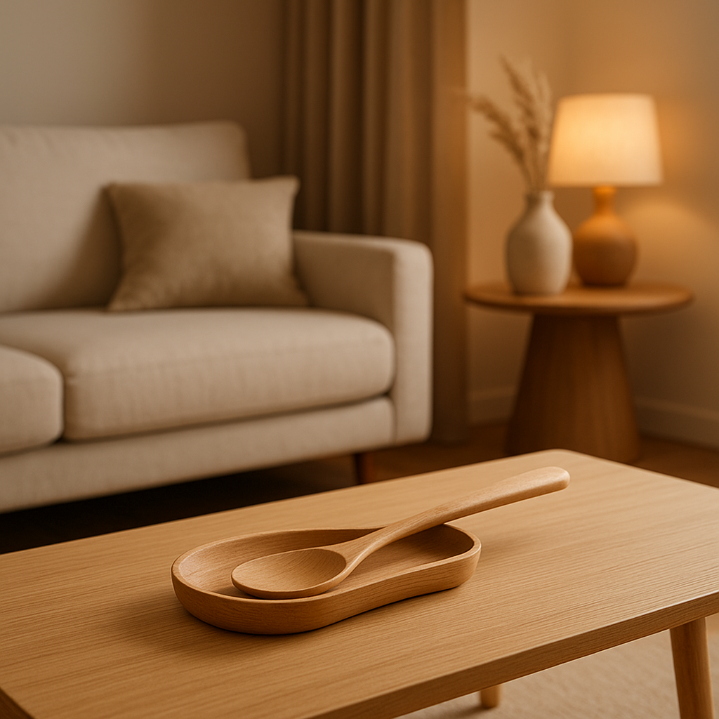 Repose-cuillère en bois de hêtre pour cuisine, rangement pratique et design sur plan de travail.