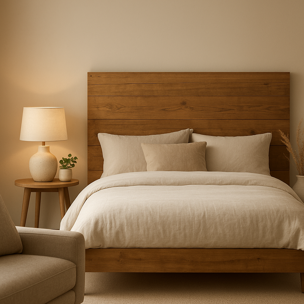 Tête de lit en planche de bois massif, design épuré et naturel pour une chambre zen