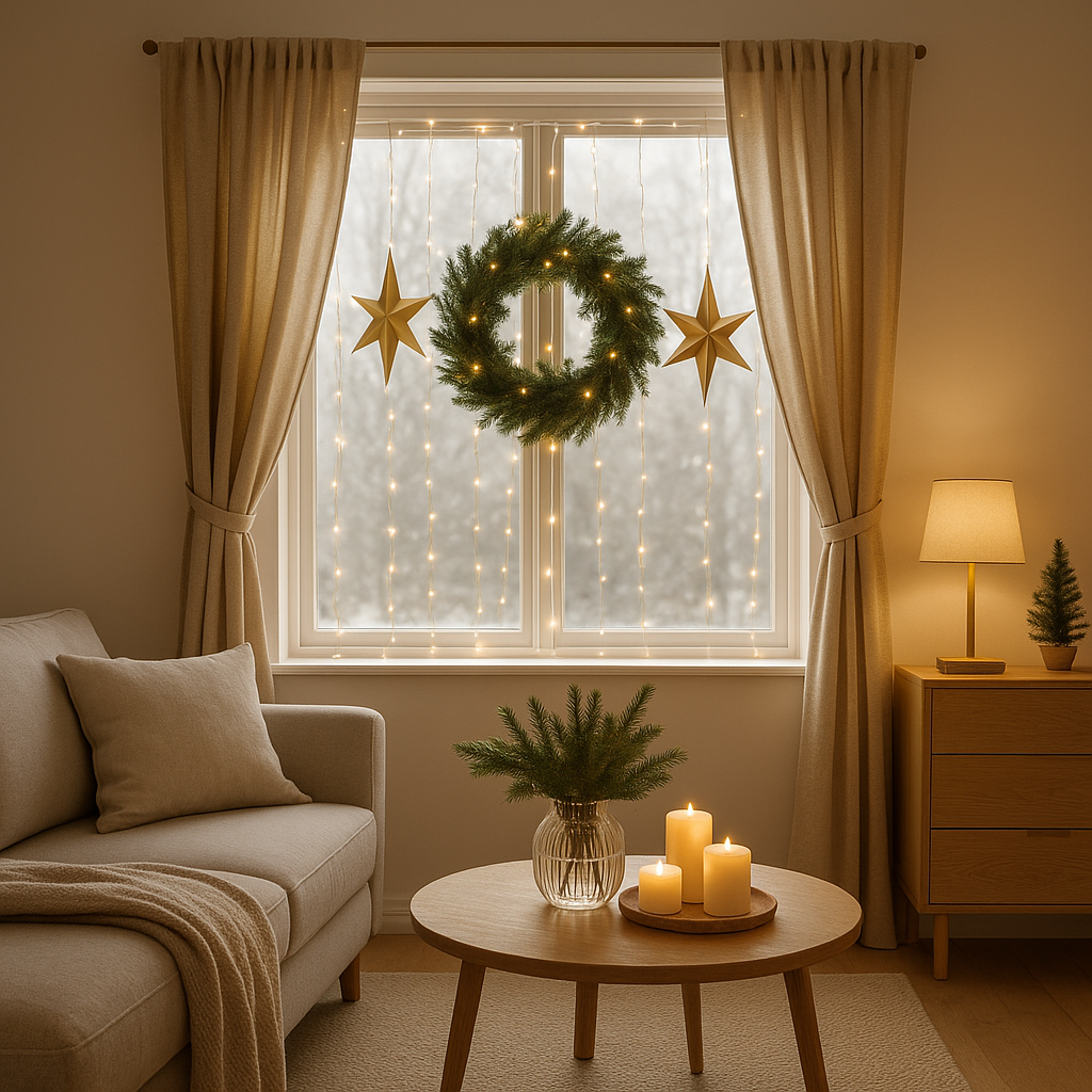 Décoration de Noël pour fenêtre : guirlandes lumineuses et ornements festifs