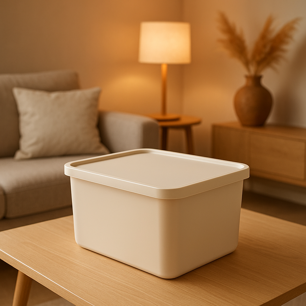 Boîte de rangement en plastique avec couvercle pour optimiser l'organisation de votre intérieur.