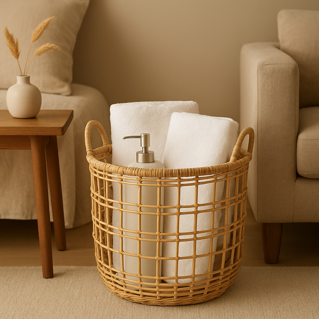 Panier de salle de bain en osier naturel pour un rangement élégant et pratique
