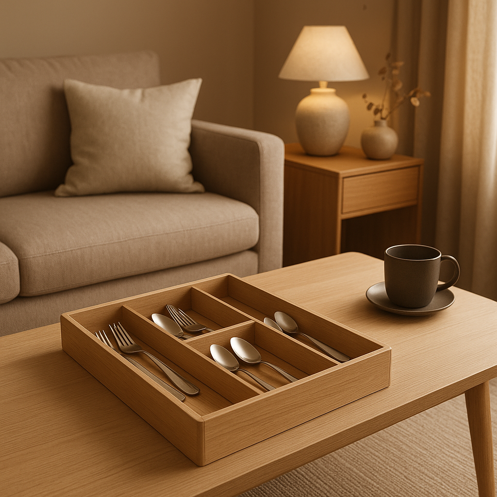 Range-couverts tiroir en bois massif pour un rangement élégant et pratique de vos couverts.