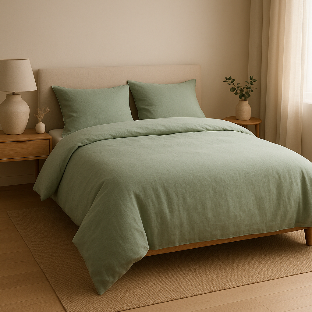 Housse de couette verte sage en lin, pour une chambre naturelle et apaisante.