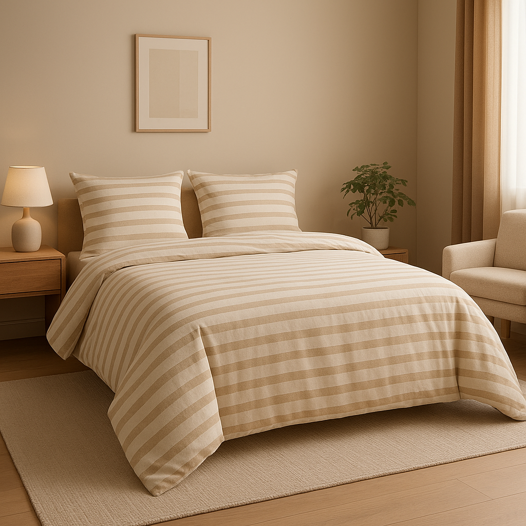 Housse de couette rayures bleues et blanches pour une déco de chambre élégante et apaisante.