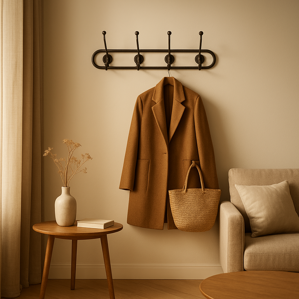 Porte-manteau mural vintage en métal noir, idéal pour un couloir ou une entrée avec style.