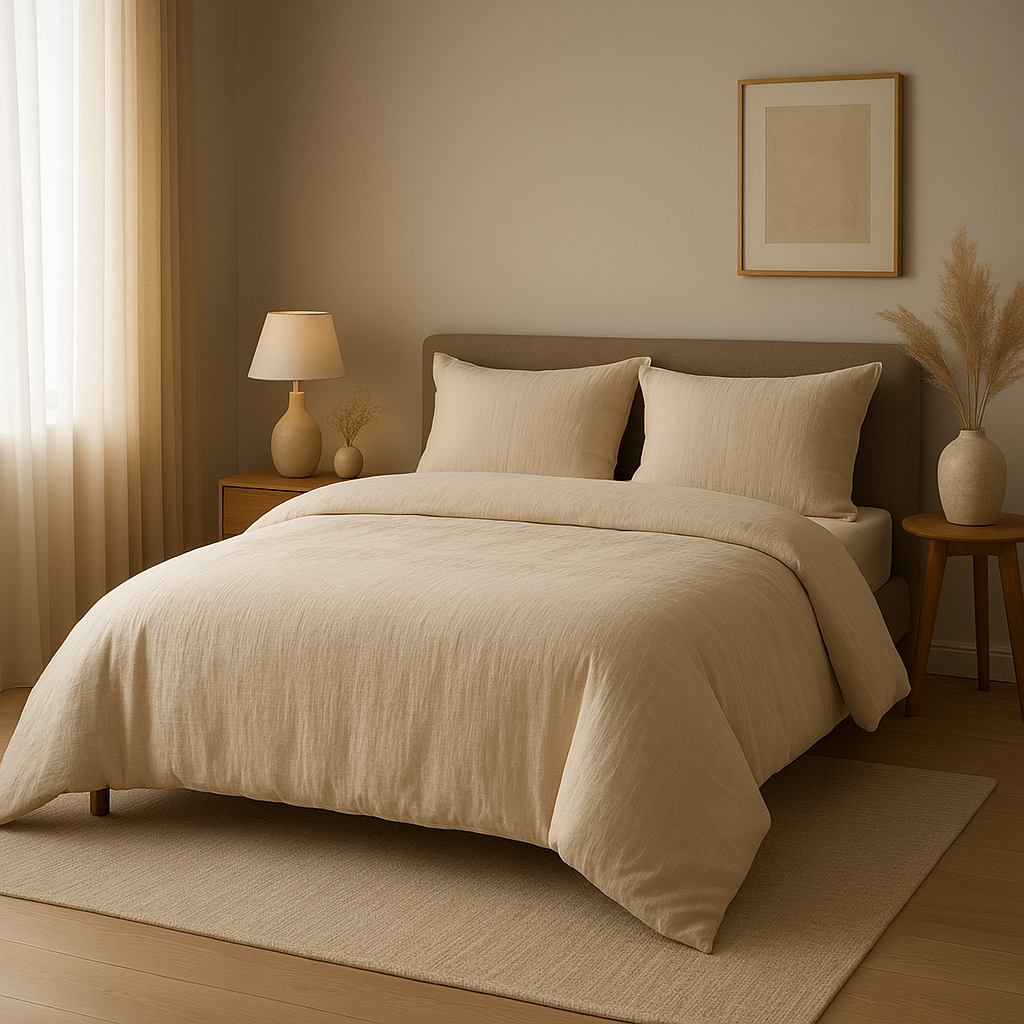 Parure de lit 200x200 en lin ou coton, design épuré pour une chambre zen et naturelle.