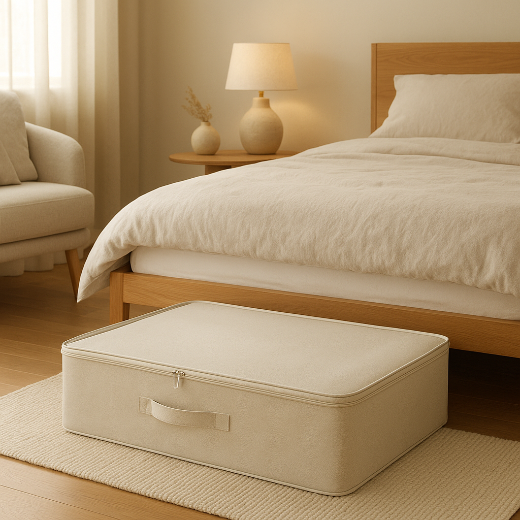 Boîte de rangement sous lit avec couvercle pour optimiser l'espace de stockage dans votre chambre.
